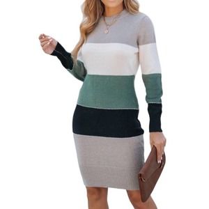 Colorblock Crew Neck Thick Knit Bodycon Sweater Dress-Tunic Stretchy Women’s SzS